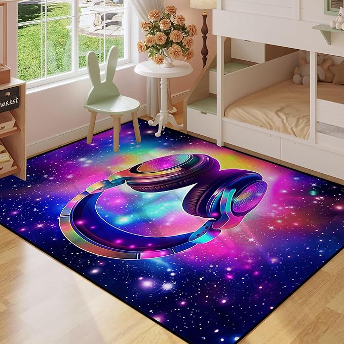 Galaxy Game Area Rug Large Music Headphone Rugs Colorful Throw Rug Non-Slip Carpet Doormats for Living Room Bedroom Apartment Dorm Floor Mat 71 in x 47 in