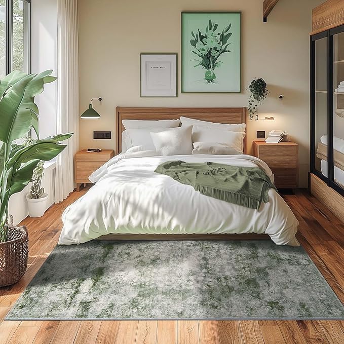 jinchan Green 5x7 Area Rugs - Machine Washable Vintage Floral Distressed Design Soft Low-Pile Non-Slip Christmas Carpet for Bedroom Nursery Living Room Dining Room Home Office (5x7ft, Forest Green)