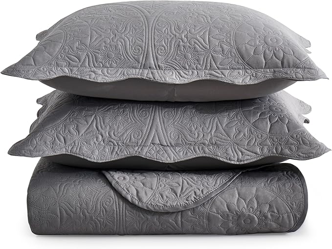 IR Imperial Rooms Twin Quilt Bedding Set Size (68” x 86”) + 1 Pillow Shams (20” x 26” + 2”) - 2 Pcs All Season Lightweight Reversible Microfiber Coverlet Floral Embossed Quilt Bedspread (Grey)