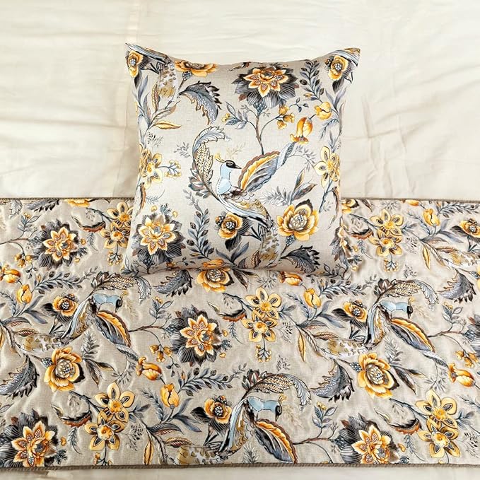 The HomeCentric King/Queen/Twin Grey & Yellow Decorative King 90"x18" Bed Runner Without Pillow Cover, Peacock, Quilted & Tassels Bed Scarf on Satin Fabric - Peacock Swag