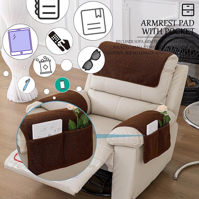 Armrest Cover, Recliner Chair Protector, Furniture Protector Slip, Side Storage Pocket, Stretch Armchair Couch Arm Rest Cover for Recliner, Chair, Sofa (Coffee,1 Seater(3pcs))