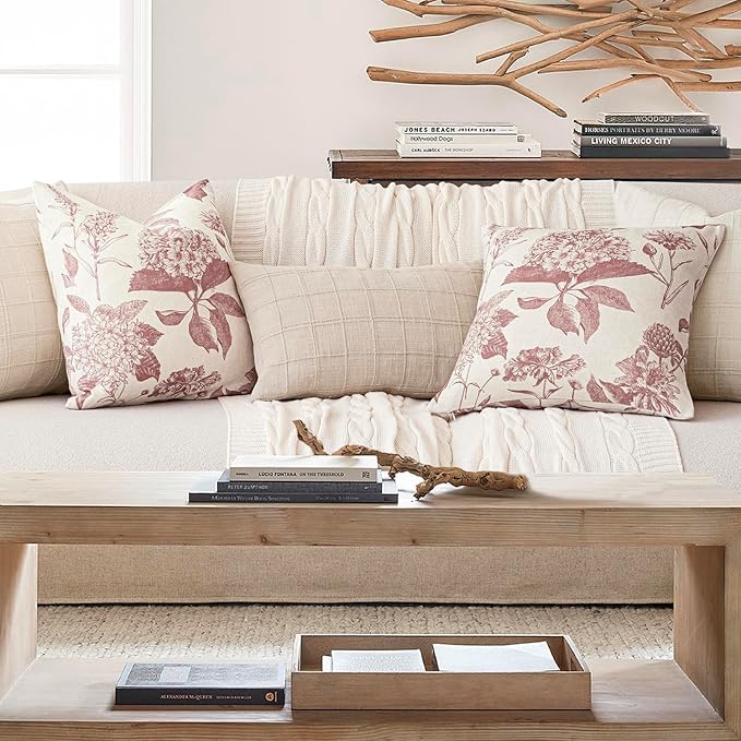 Foindtower Set of 2 Linen Floral Vintage Throw Pillow Covers Neutral Accent Decorative Cushion Covers Farmhouse Boho Home Decor for Sofa Chair Couch Bedroom Living Room,20×20 Inch,Dark Pink