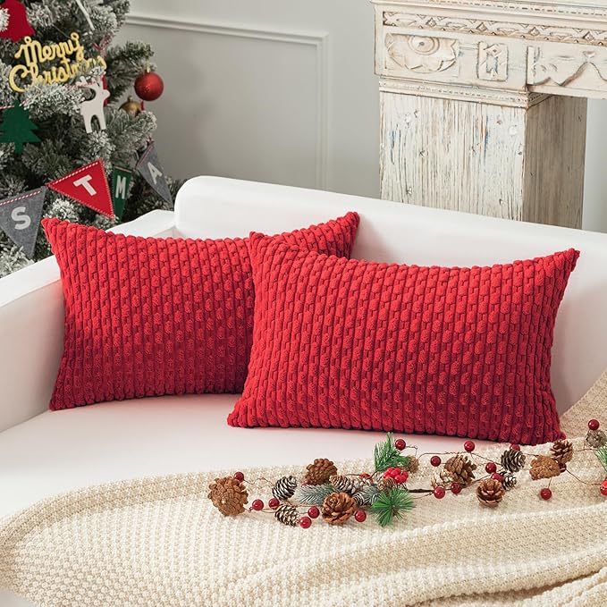 Kevin Textile 14x24 Inch Pillow Cover 1 Pack Boho Christmas Decorative Soft Striped Corduroy Lumbar Farmhouse Color Accent Rectangle Cushion Case for Living Room Couch Sofa Bed, Red