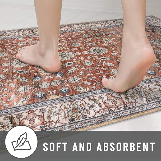 KUTA Vintage Floral Terracotta Entryway Rug 2x3, Kitchen Rugs Non-Slip Washable Throw Rug, Ultra Thin Soft Print Front Door Mat Indoor Doormat for Entrance, Bedside, or Small Spaces