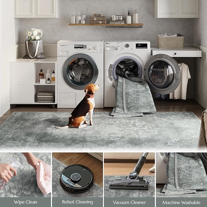jinchan Washable Area Rug 6x9 for Living Room - Soft Faux Wool Ultra-Thin Stain Resistant Non-Slip Distressed Vintage Floral Rug Large Carpet for Bedroom Dining Room Home Office Nursery(Grey, 6'x9')
