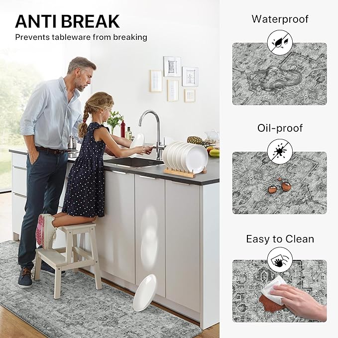 GENIMO Kitchen Mats for Floor 2PCs, Washable Anti Fatigue Mat for Cushioned, 17.3"x59"+17.3"x30", Waterproof Kitchen Rugs, Non Slip Standing Mat Rug for Home, Runner, Sink, Laundry, Vintage Grey