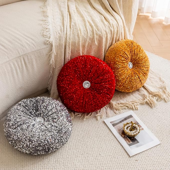 Round Throw Pillow, 13.7in Soft Solid Color Sequin Glitter Decorative Round Pillow Circle Floor Pillows Cushions for Sofa Bed Chair Living Room Floor Car Home Decoration, Red