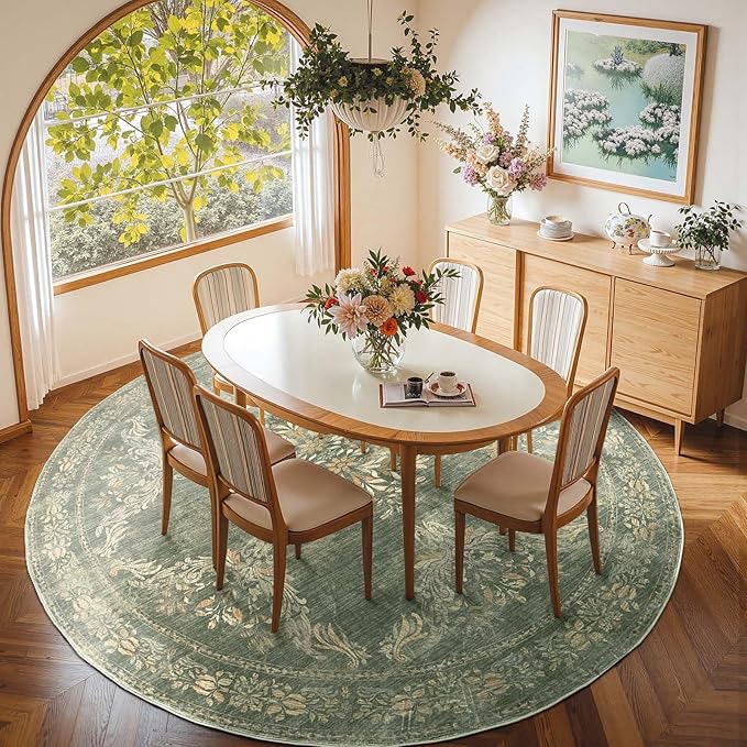jinchan Round Rug 8ft Area Rugs, Vintage Floral Distressed Design Machine Washable Soft Non-Slip Low-Pile Ultra-Thin Christmas Circle Rug for Living Room Dining Room Home Office (8' Round, Dark Green)