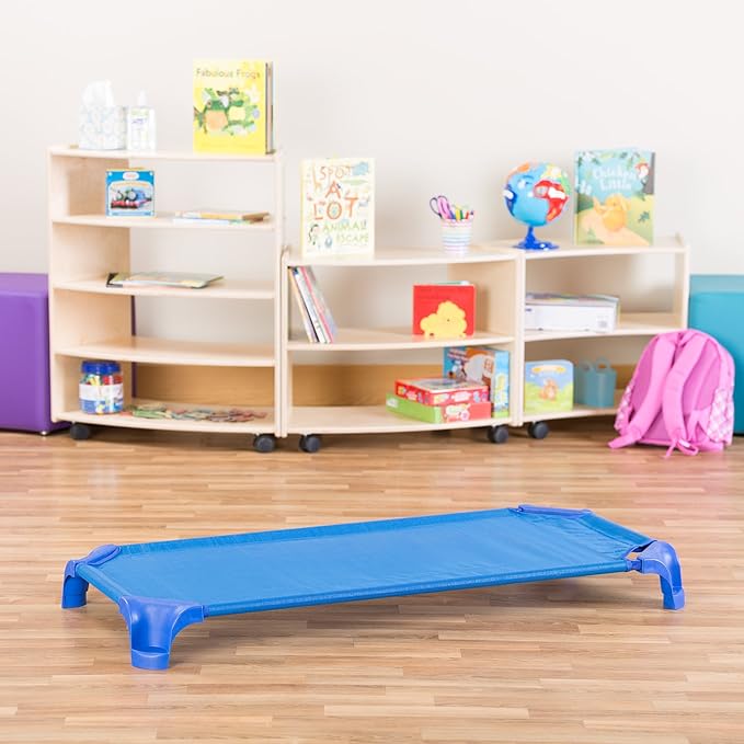 Sprogs Heavy-Duty Stackable 40"L Daycare Cots for Toddlers Ages 1 to 2, Stacking Preschool Classroom Toddler Cots for Sleeping, Resting, Naptime, Pack of 6, Blue