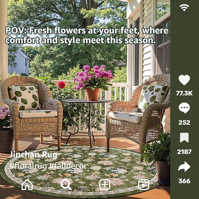 jinchan Elora 5ft Floral Round Rug for Entryway Washable Rug Vintage Romance Christmas Design Non Slip Indoor Doormat Lightweight Low-Profile Throw Carpet for Living Room Dining Room Bedroom, Green