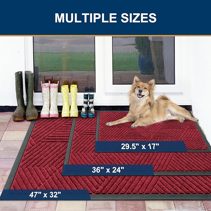 Smiry Front Door Mat Outside Entrance, Heavy Duty Sturdy Natural Rubber Doormat, Trap Dirt and Moisture, Easy Clean Low Profile Mats for Indoor Outdoor Entry, Irregular Triangle (47x24, Wine Red)