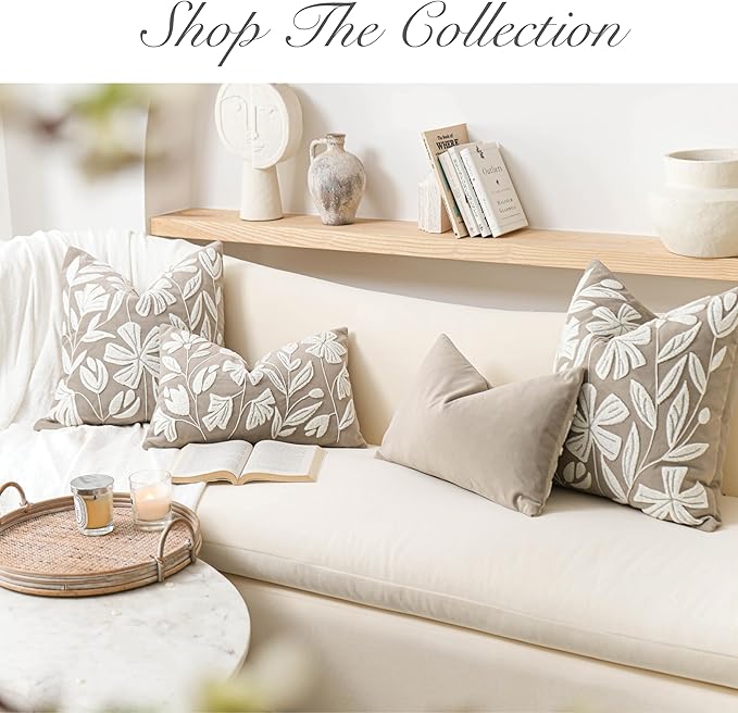 BlissBlush Taupe Velvet Decorative Throw Pillow Cover 20X20, Neutral Brown Flower Tufted Soft Farmhouse Textured Pillowcase, Accent Pillowcase for Couch Sofa Bed Living Room