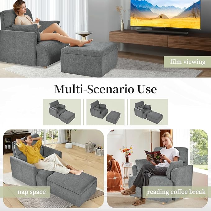 Modern Oversized Accent Chair with Storage Ottoman & 2 Side Pillows, Snowflake Fleece Upholstered Chaise Lounge Chair, Deep Seat Reading Chair for Living Room, 350lbs Capacity