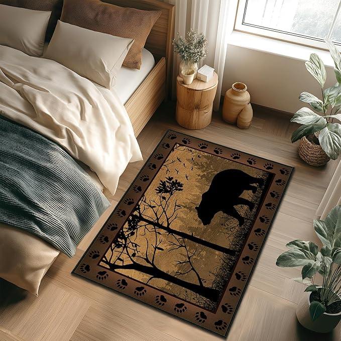 Rustic Area Rug 3x5,Bear Country Cabin Wildlife,Ultra-Thin Washable Throw Carpet Brown Rugs for Bedroom Indoor Vintage Rugs Non Slip Accent Floor Carpets for Bedside,Entryway,Living Room,Office