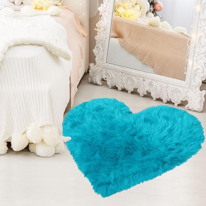 uxcell Heart Shaped Rugs for Bedroom,Small Aesthetic Carpet Girls,Cute Shaggy Floor Mirror Mat,Pastel Furry Throw Rug 2.3ftx3ft, Blue