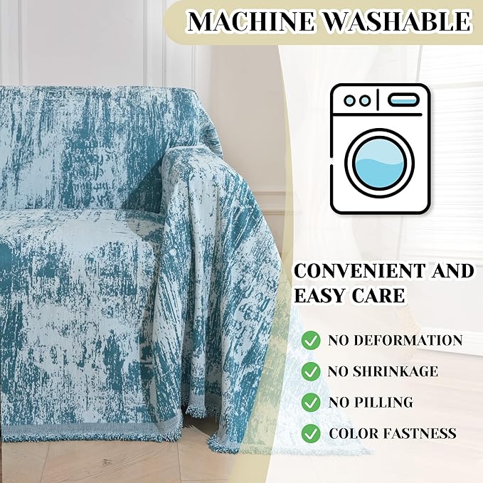 MEETSKY Small Couch Cover Oversized Chair Cover Washable Boho Recliner Slipcover, Pet Friendly Couch Protector with Tassels, Abstract Geometric Design, 71" x 91", Blue