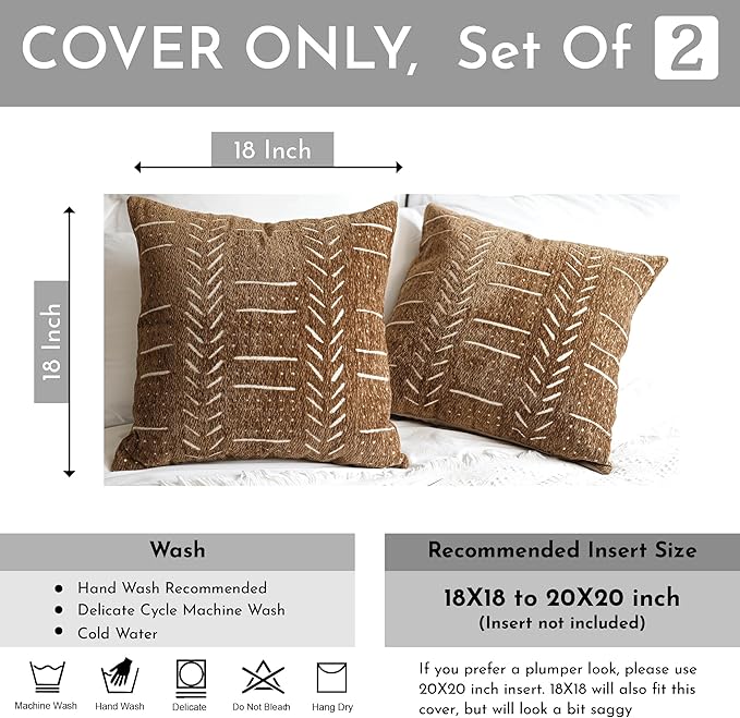 BlissBlush Fall Brown Decorative Throw Pillow Covers 18X18, Set of 2, Boho Farmhouse Cushion Cover, Cozy Soft Accent Pillowcase for Couch Sofa Bed Living Room Home Décor