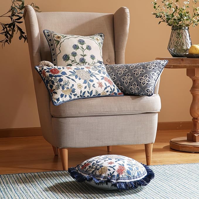 patdrea Designer Throw Pillow Covers,Chinoiserie Blue Elegant Linen with Striped Floral Pattern Pillow Cover,Decorative Lumbar Pillowcases Cushion for Bed Living Room Outdoor Car,12"x20"