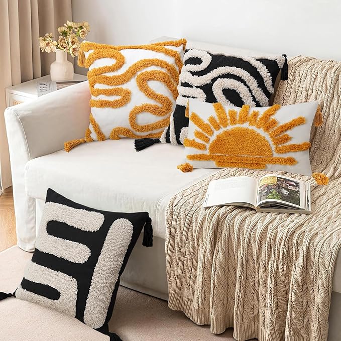 Adabana Boho Decorative Yellow Throw Pillow Covers 18x18, Tufted Sun Pillow Cover with Tassels Bohemian for Sofa Bedroom Living Room Home Decor (No Pillow Insert, 1Pc)