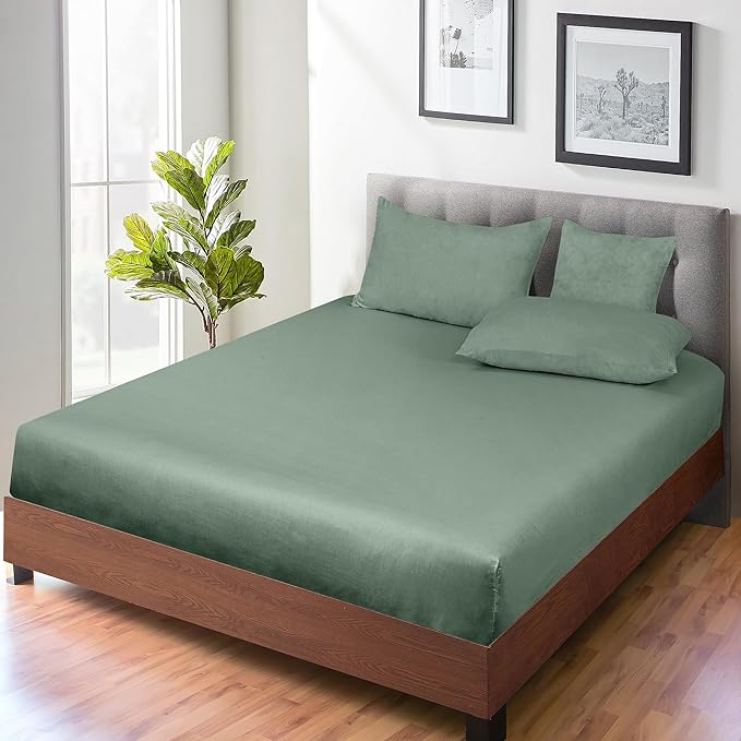 ROYALE LINENS 300 Thread Count 100% Long Staple Combed Cotton Fitted Sheet Queen - Super Soft Deep Pocket Bottom Sheet - Fitted Sheets Only - Elastic Sheets (Queen, Sage Green)