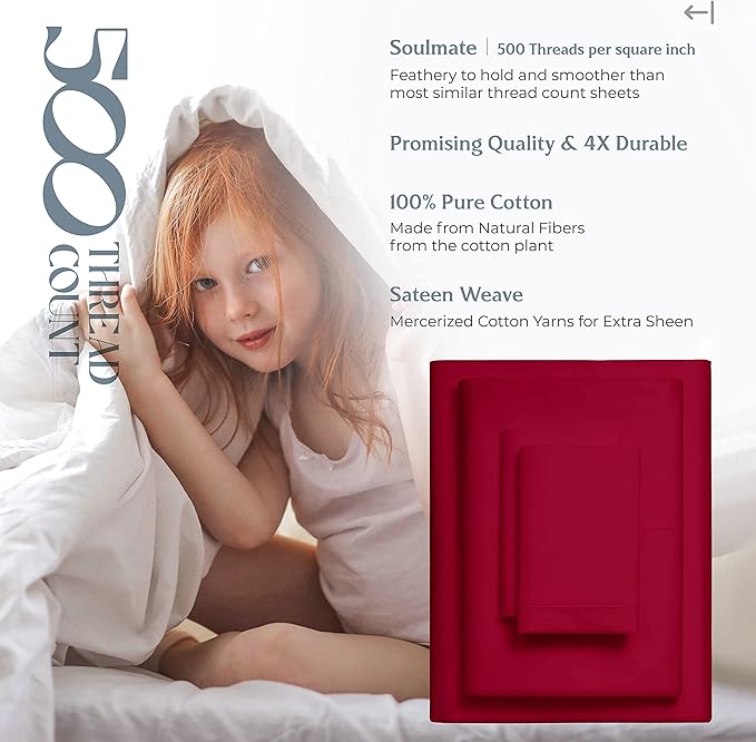 Mayfair Linen 500 Thread Count Full Cotton Sheets - 4 PC Full Size Bed Sheet Set Cotton (Red), Soft, Cooling, Sateen Hotel-Quality 16" Deep Pocket Bedsheet for Hot Sleepers (Fits 18" Mattress)