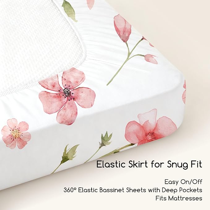 Baby Delight Bassinet Sheets 33x20 for Newton,Airclub,Maxi COSI,Angelbliss,Dream on Me,Mika,Harppa,Amke,ezebaby Rectangle Bassinet Mattress - Pink Floral 3 Pack Girl