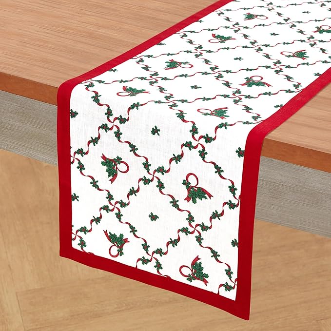 Solino Home 100% Pure Linen Christmas Table Runner 72 Inches Long - Red and Green Table Runner 14 x 72 Inch - Handcrafted and Machine Washable - Holly Ribbon Print