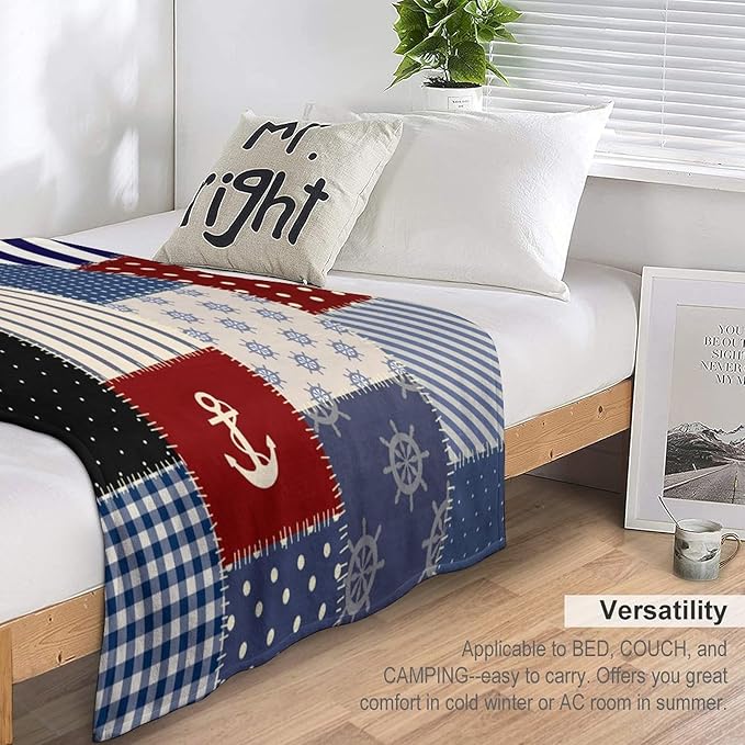 Nautical Blanket Vintage Coastal Rustic Red Blue White Polka Dot Stripe Anchor Patchwork Soft Cozy Lightweight Throw Blanket for Women Men Bedroom Living Room Dorm Chair Sofa Travel 50x60in