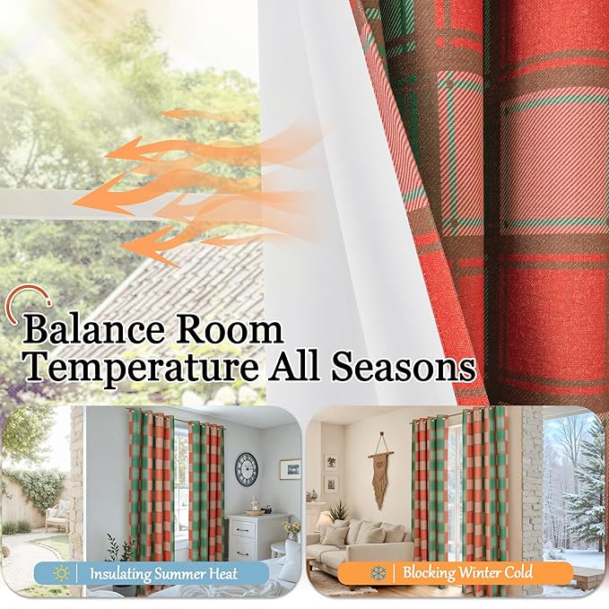 Plaid Christmas Curtains Gingham Patterned - Total Linen Blackout Curtains for Living Room, Farmhouse Checkered Boho Drapes for Bedroom Winter Thermal Insulated 52x90 Inch 2 Panels, Red Green
