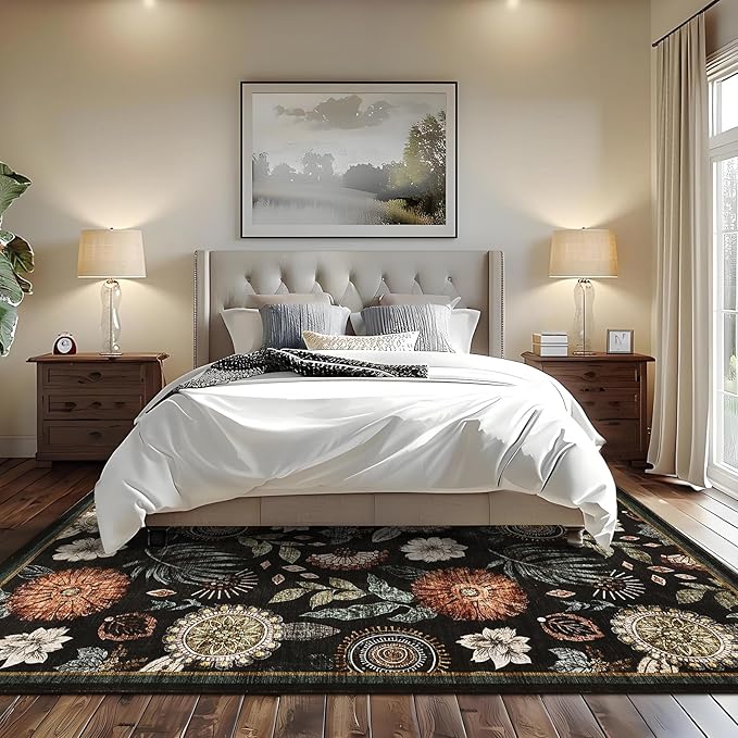 GarveeHome 5x7 Floral Washable Area Rug: Large Living Room Area Rug with Non-Slip Backing Washable Ultra Soft Bedroom Floral Carpet Indoor Stain Resistant Carpet for Dining Room 5 * 7 ft Black