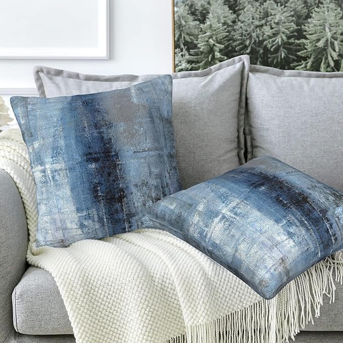 Throw Pillow Cover Case Blue and Grey Abstract Art Pillow Covers 18x18 Inch Set of 2,Soft Decorative Throw Pillow Case for Living Room Bedroom Sofa Couch Cushion Covers