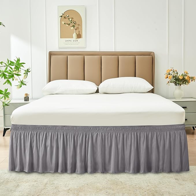 Biscaynebay Wrap Around Bed Skirts for King & Cal King Beds 11" Short Drop, Silver Grey Adjustable Elastic Dust Ruffles Easy Fit Wrinkle Resistant Silky Luxurious Fabric Machine Washable