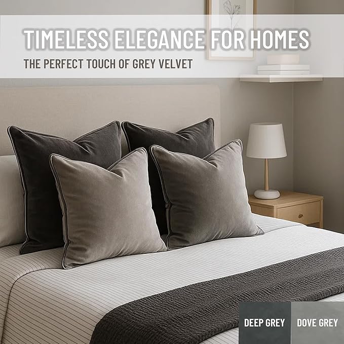 2 Pack Velvet Decorative Throw Pillow Covers, 18"x18", Dove Grey, Solid, Modern, Contrast Piping, Indoor Use, Bedroom & Living Room