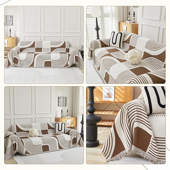 Boho Couch Cover Sofa Covers Washable, Chenille Couch Covers for 3 Cushion Couch Sofa Pet Friendly, Bohemian Sofa Slipcovers for Sectional Sofa, Loveseat, 2 3 4 Seater (71" x 150", Coffee)