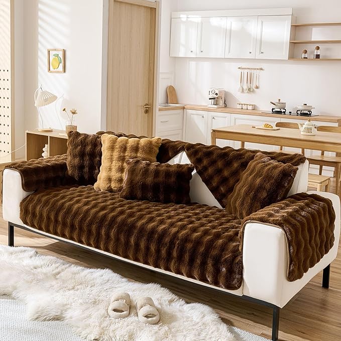 Faux Fur Couch Cover Fuzzy Soft Plush Thick Bubble Sofa Cover Luxury Sectional Couch Covers Luxury Anti-Slip Sofa Slipcover Washable Furniture Protector (Coffee,36"x63")