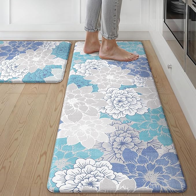 GENIMO Kitchen Mats for Floor, Kitchen Rugs Non Slip Washable Sets of 2, Waterproof Cushioned Anti Fatigue Mat, Floral Runner Rug for Laundry, Sink, Office, Home, 17.3"x47"+17.3"x30", Sky Blue