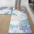 GENIMO Kitchen Mats for Floor, Kitchen Rugs Non Slip Washable Sets of 2, Waterproof Cushioned Anti Fatigue Mat, Floral Runner Rug for Laundry, Sink, Office, Home, 17.3"x47"+17.3"x30", Sky Blue