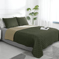Easy-Going Queen Plus Size Reversible Quilt Set with 1 Quilt and 2 Pillow Shams, Soft Bed Quilt Cover, Water Resistant Lightweight Microfiber Bedspread, Stain Resistant, Army Green/Beige