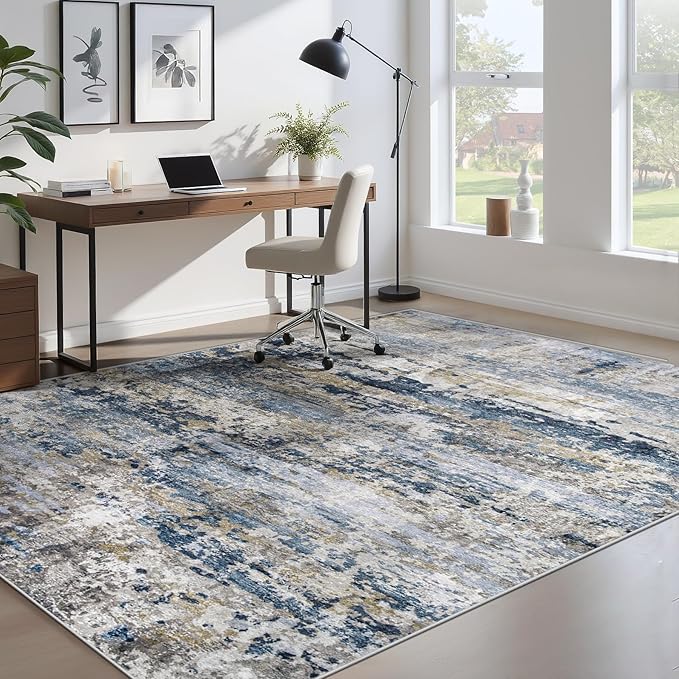 Area Rugs 5x7 for Living Room: Washable Rug Modern Abstract Neutral Soft Non-Slip Low-Pile Indoor Carpet for Bedroom Dining Room Playroom Home Office (Blue Grey Brown, 5'x7')