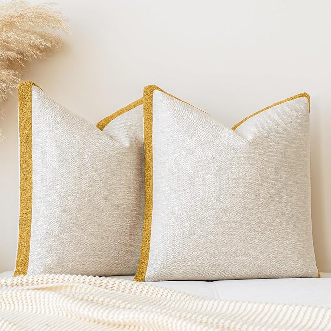 a moment Loop Yarn Linen-Like Pillow Cover Natural Soft Decorative Throw Pillow Case Farmhouse 18x18 Inch, Bohemian Textured Cushion Cover for Sofa Bed, Wrinkle-Resistant Home Decor Mustard Yellow