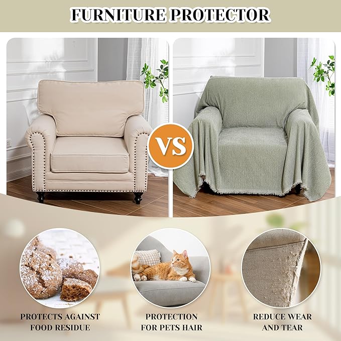 MEETSKY Green Sofa Covers Armchair Single Couch Cover for Dogs Throw Couch Cover with Tassel Chair Recliner Futon Cover Washable 1 Cushion Couch Chenille Couch Protector, 71"x 91"