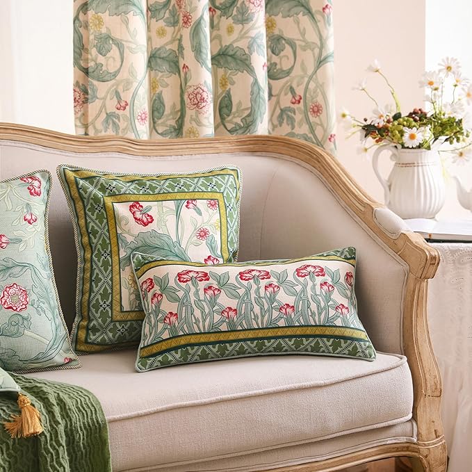 patdrea Designer Square Throw Pillow Covers,Farmhouse Linen with Green Floral Pattern Pillows Cover,Decorative Pillowcases Cushion for Bed Living Room Outdoor Car,18"x18"