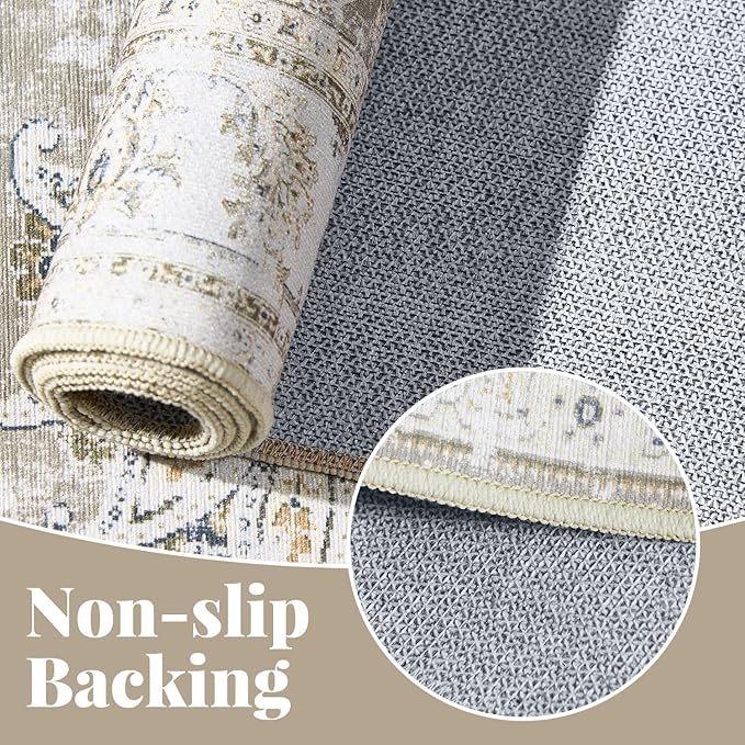 jinchan Fiora Floral 3x5 Area Rug for Entryway - Machine Washable Taupe Vintage Distressed Design Doormat Non-Slip Ultra-Thin Low Pile Boho Rug for Kitchen Living Room Bedroom Farmhouse (3'x5', Taupe)