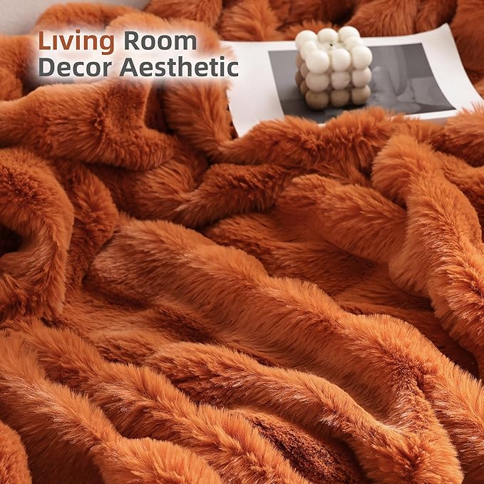 Smoofy Faux Fur Fall Throw Blanket for Couch – Burnt Orange Fluffy Cozy Rabbit Fleece, Plush Soft Bubble Blanket for Sofa & Bed, for Mom, Warm Fuzzy Home Room Decor Throw 50" x 60"