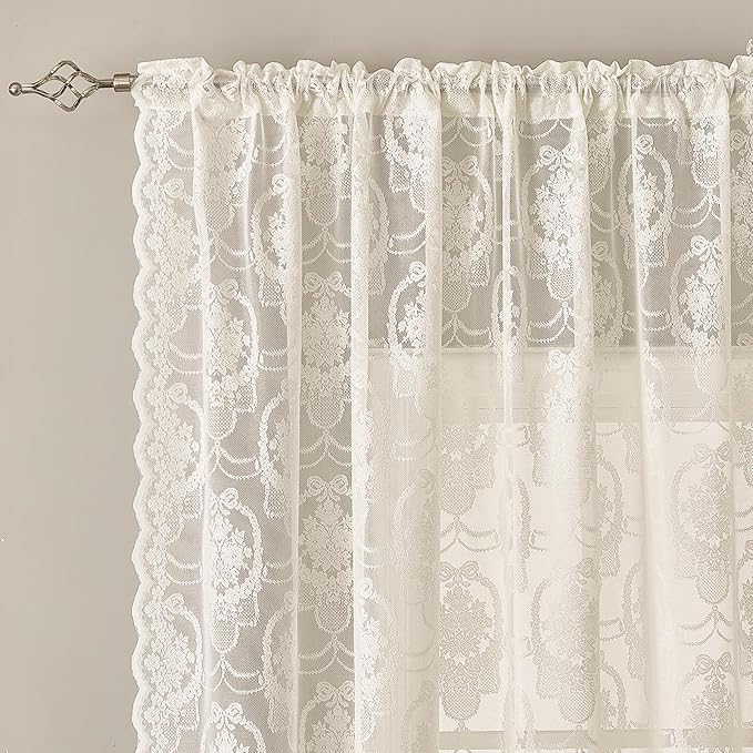 Ivory Vintage Country Floral Lace Sheer Curtains 96 Inches Long -Rod Pocket Light Filtering French Privacy Scalloped Edges Rod Pocket Boho Bedroom ，52 x 96 Inch, 2 Panels