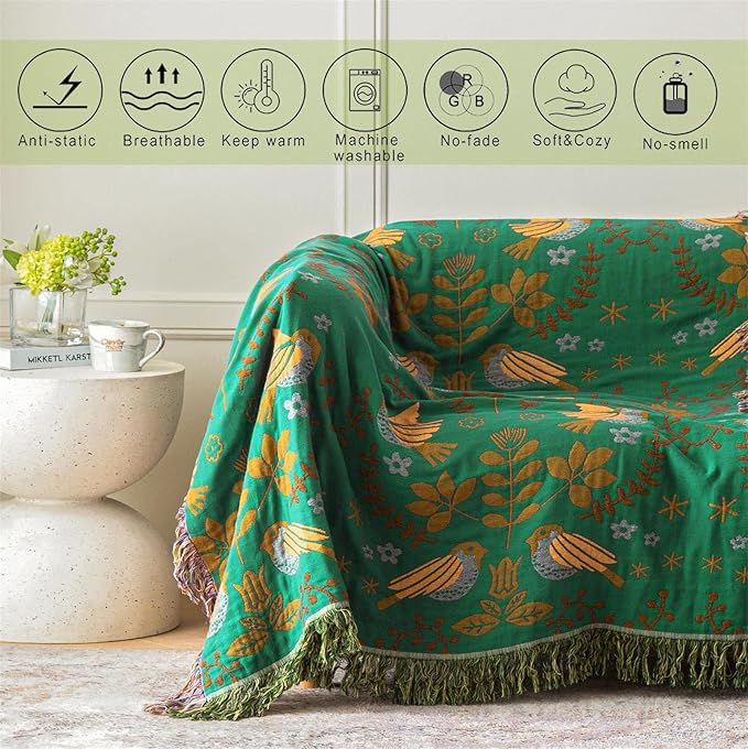 MSGKV Boho Throw Blanket 100% Cotton Green Blanket 90''x 98'' Double Sided Knit Blankets with Tassels Reversible Warm Soft Blanket Throw Blankets for Bed Sofa Living Room