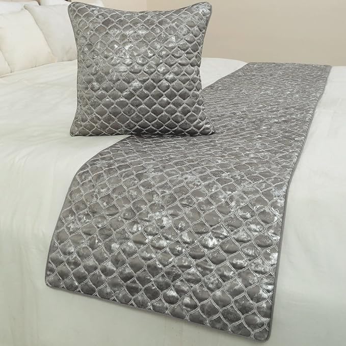 The HomeCentric King/Queen/Twin Grey & Silver Designer King 90"x18" Bed Runner with Pillow Cover, Quilted, Foil & Trellis Bed Scarf on Silk Fabric - Jumanah