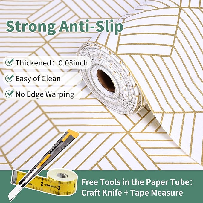 Shelf Liners for Kitchen Cabinets 23.6in x 49.21FT, Non Adhesive Cabinet Liner Strong Non-Slip Thickened Gold Geometric Drawer Liner, Easy to Clean for Shelf, Cabinet with Knife and Tape Measure