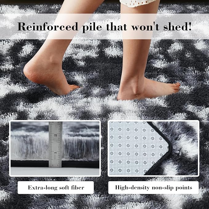 Fluffy Rug Shaggy Area Rug, Mottling Black 9x12 Area Rugs for Living Room, Large Shag Area Rugs for Bedroom Kids Room Home Decor, Upgrade Anti-Skid Rectangular Fuzzy Rugs