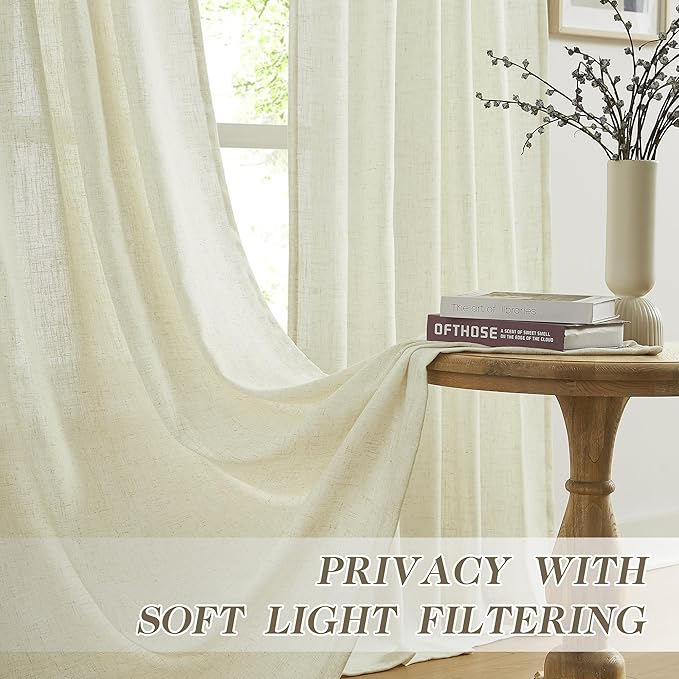 MASWOND Extra Long Pinch Pleat Linen Curtains 120 Inches Long 2 Panels for Living Room Semi Sheer Pleated Back Tab 2 Story Drapes Light Filtering Curtain with Hooks for Dining Room, Linen W38xL120